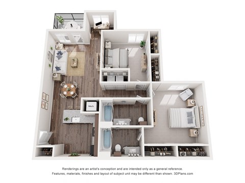 Floor plan for 2 beds, 2 baths, 1173 sqft
